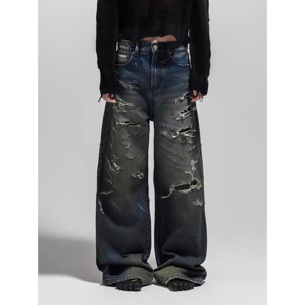 Vintage Faded Wash Distressed Ripped Wide-leg Baggy Denim Jeans size 32 Blue